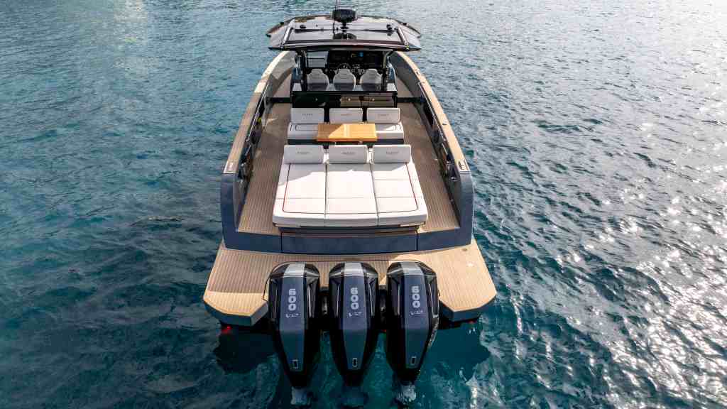 Luxury Pardo Yachts boat with twin engines on calm water in Miami.
